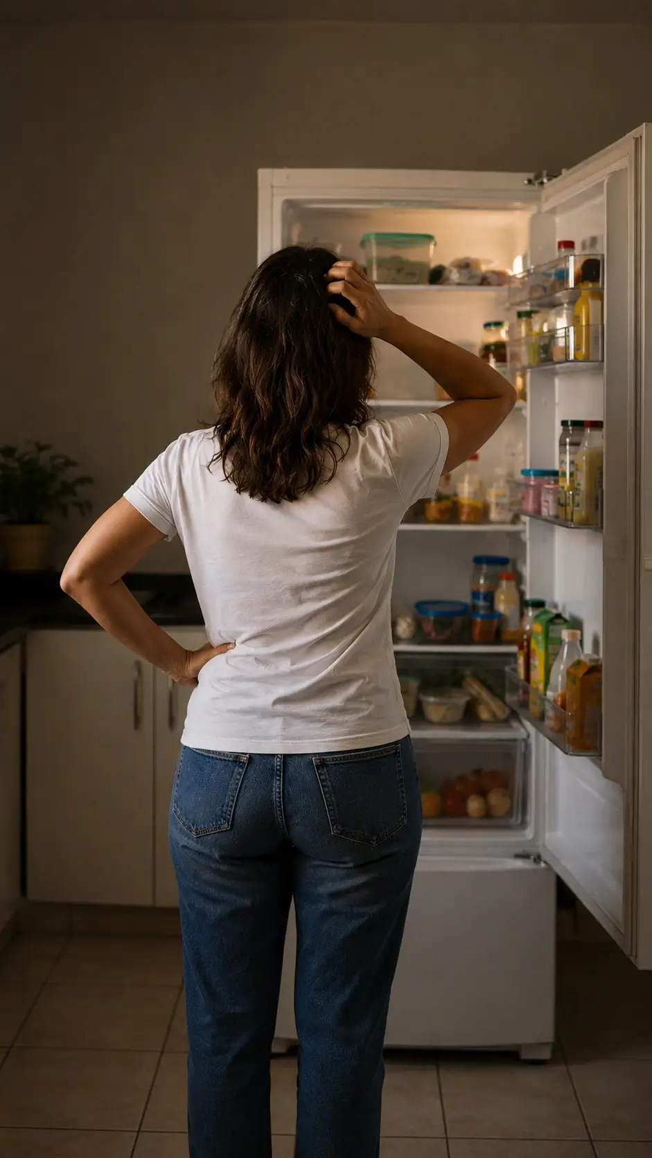 Mulher olhando para geladeira aberta, sem saber o que cozinhar